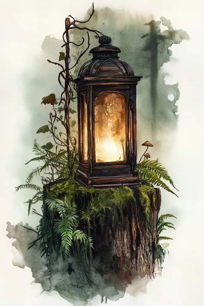 A watercolor painting depicts a dark brown lantern, glowing warmly from within, perched atop a moss-covered tree stump.  Ferns and small mushrooms sprout around the base, adding to the enchanting, mystical atmosphere.  A gnarled vine climbs a post behind the lantern, further enhancing the whimsical, forest setting. The background is softly rendered in muted greens and greys, suggesting a misty, woodland scene.  The overall style is evocative and dreamlike.
