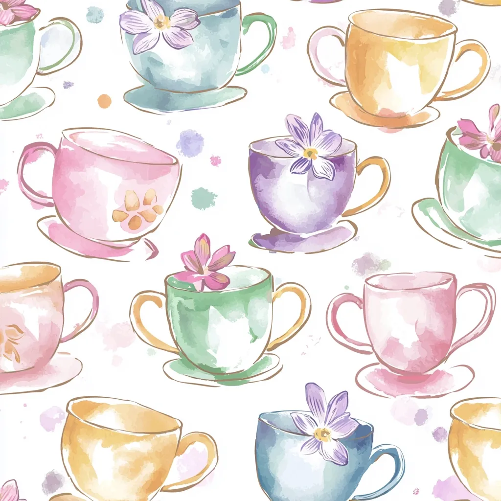 A watercolor-style illustration showcases a repeating pattern of pastel-colored teacups. Each cup, adorned with a delicate flower, rests on a saucer.  The colors are soft and muted, ranging from pale pinks and purples to mint greens and yellows.  Watercolor splatters add to the whimsical, slightly imperfect aesthetic of the design, giving it a charming and hand-painted feel. The cups are arranged in a slightly offset pattern, creating a visually appealing and repetitive design.