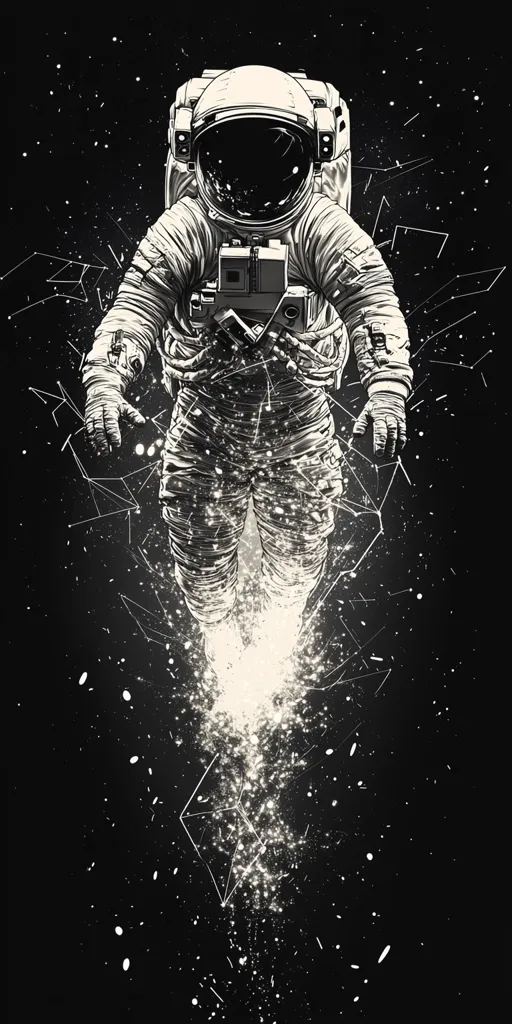 Here's a description of the image:

The image is a monochrome illustration of an astronaut floating in space. The astronaut is rendered in detail, with visible textures on the suit.  A bright, stardust-like trail emanates from the astronaut's lower body, creating a dynamic sense of movement. The background is a dark space speckled with smaller white dots and intricate, geometric linework, suggesting constellations or energy trails. The overall style blends realism with artistic expression, creating a striking and evocative piece.