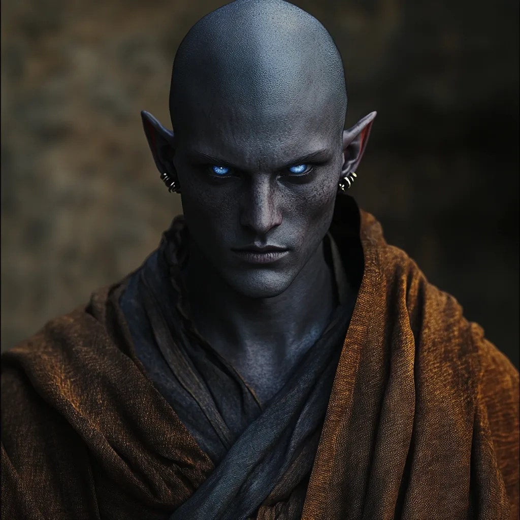 The image shows a close-up portrait of a bald, grey-skinned humanoid with pointed ears, piercing blue eyes, and dark clothing.  He appears androgynous, with a serious, intense expression.  The muted brown and grey tones of his attire and skin contrast sharply with his bright eyes.  The overall aesthetic is dark and mysterious, suggesting a fantasy or science fiction character.  His gaze is direct, engaging the viewer with a sense of power or foreboding.