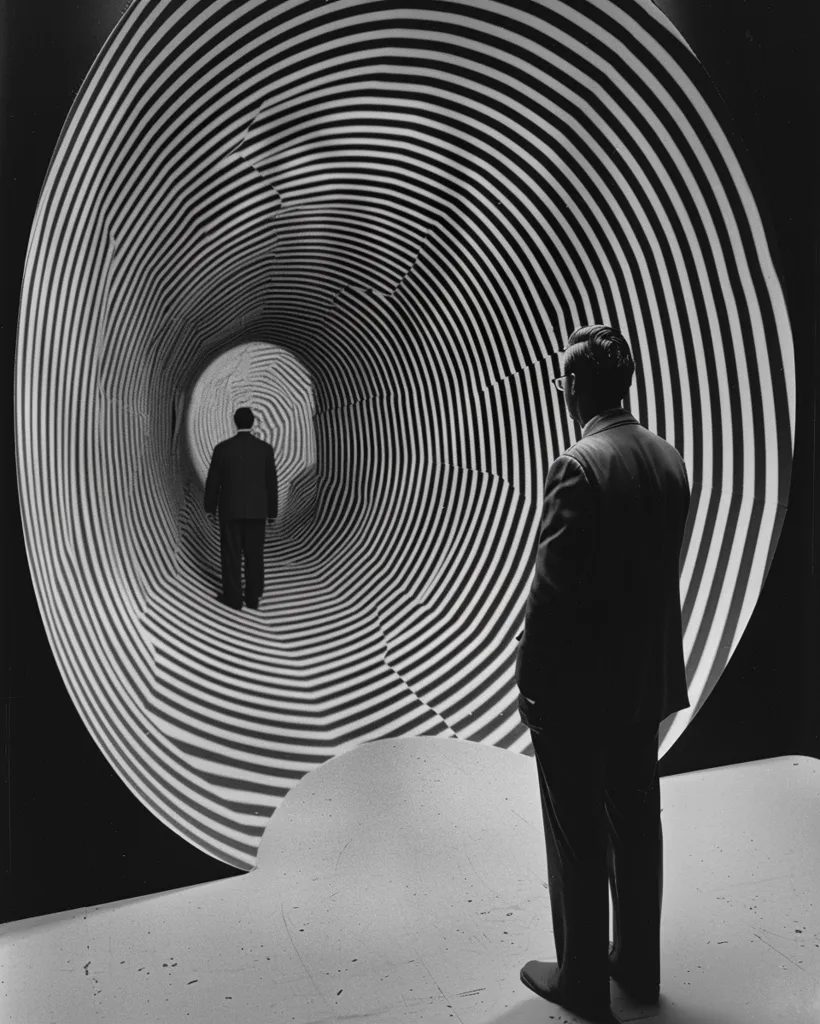 A black and white photograph depicts a man in a suit standing before a large, curving structure. The structure is painted with bold, concentric black and white stripes creating a hypnotic, tunnel-like effect.  Another, smaller figure is visible walking down the center of the striped tunnel, appearing distant and diminished in scale. The contrast between the sharp lines of the artwork and the soft lines of the men's figures creates a striking visual tension. The overall mood is one of mystery and perhaps a sense of depth perception or optical illusion.