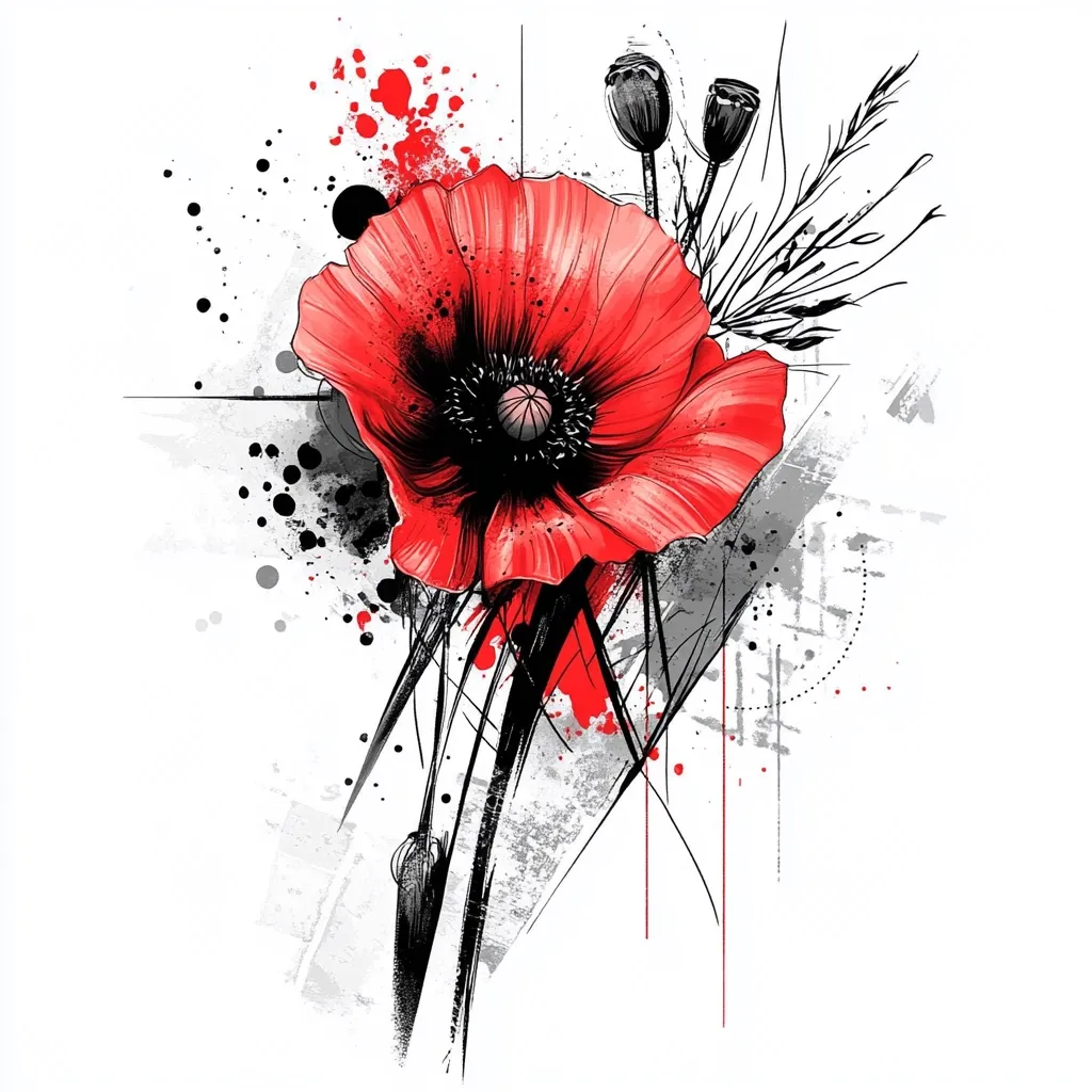 Here is a description of the image:

The artwork is a stylized depiction of a vibrant red poppy flower.  The poppy is rendered realistically, showcasing its delicate petals and dark center, while the background is an abstract splash of black, grey, and red ink, giving a sense of movement and energy.  Thin, black lines create a geometric framework around the poppy, adding to the design's modern feel.  Small poppy buds are included, suggesting growth and life. The overall style suggests a tattoo design or a graphic illustration.