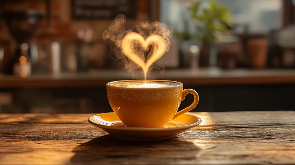 A yellow coffee cup sits on a rustic wooden table, bathed in warm sunlight.  Steam rising from the cappuccino forms a heart shape, a symbol of love and warmth. The background is a blurred coffee shop setting, suggesting a cozy and romantic atmosphere. The image evokes feelings of comfort and affection, perfect for a heartwarming moment or a romantic occasion.