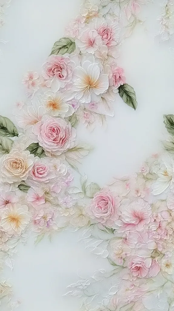 The image showcases a delicate and elegant floral arrangement, rendered in pastel pink and white hues.  The flowers, appearing three-dimensional due to textural techniques, resemble roses and peonies.  They are artfully arranged on a light blue-grey background, creating a soft, romantic atmosphere. The style suggests a painting or textile design, possibly using a raised-texture medium to achieve the embossed floral effect. The overall impression is one of serene beauty and sophisticated artistry.
