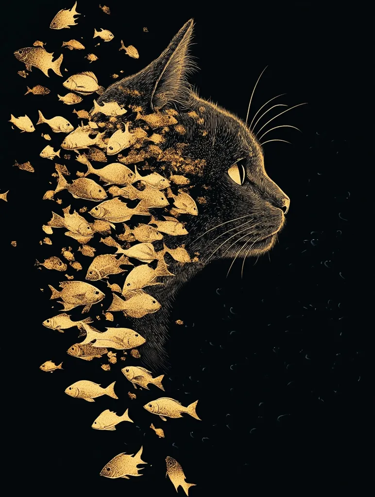 Here's a description of the image:

The artwork depicts a black cat's profile, rendered in a striking gold and black color scheme.  The cat's head and shoulders are composed of, or dissolving into, a school of small, golden fish.  The fish swarm around and partially obscure the cat's form, creating a surreal and intriguing effect.  The background is black, enhancing the contrast and making the gold details pop.  Smaller, dispersed fish trail behind the main school, adding to the sense of movement and transformation. The overall style suggests a blend of fine art and digital illustration, with meticulous detail in the linework.