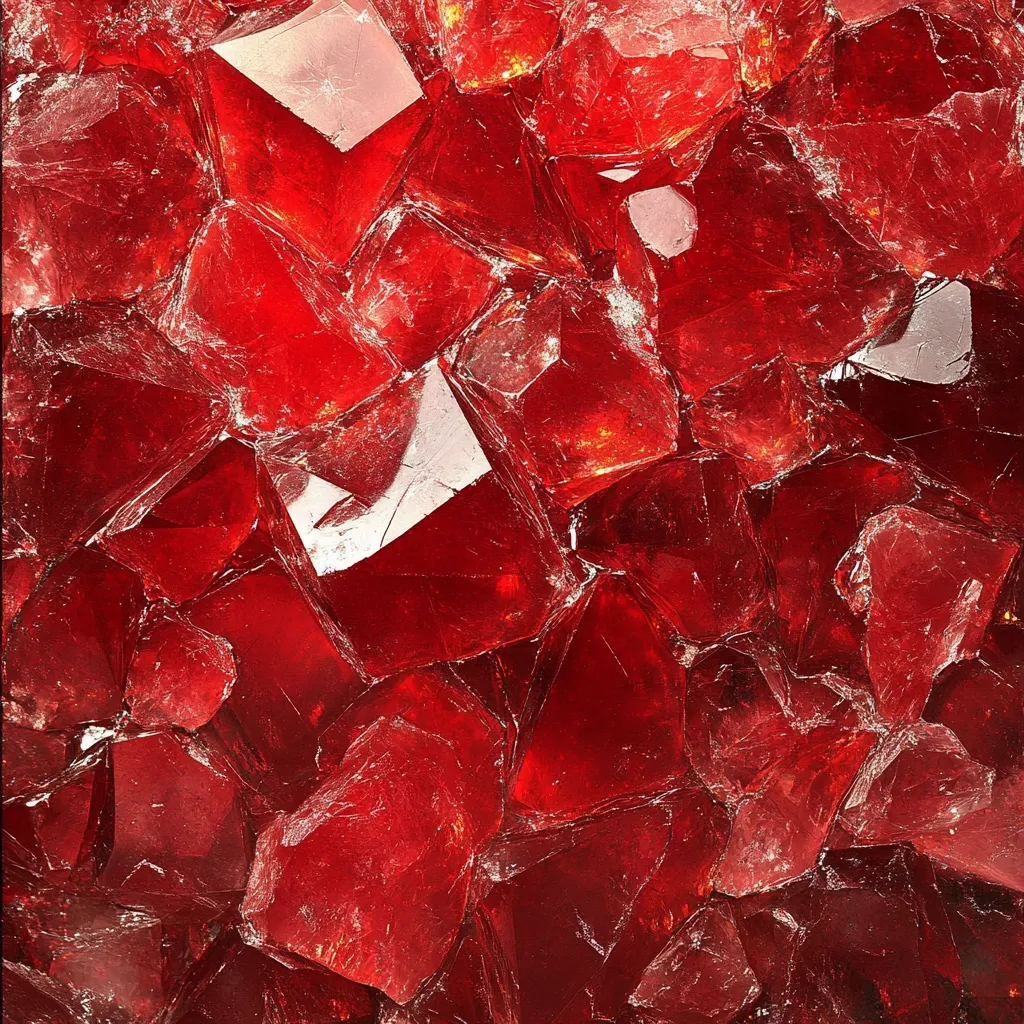 The image shows a close-up view of a mass of vibrant red crystals.  The crystals are irregular in shape and size, with many sharp angles and facets. They appear translucent, allowing light to pass through, revealing variations in their deep red hue.  The overall effect is a dense, glittering cluster of intense red, creating a rich and visually striking texture.