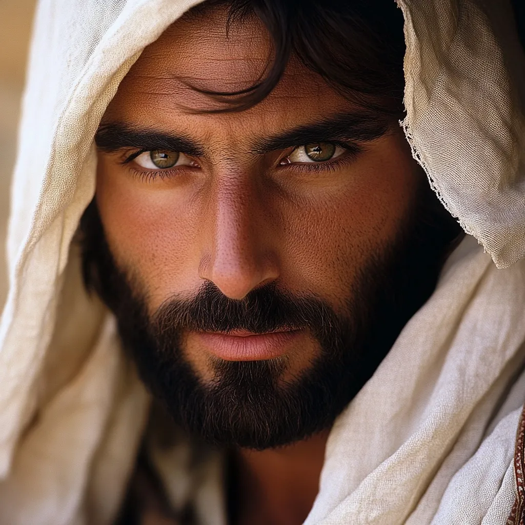 Close-up portrait of a man with dark, intense eyes and a full beard, his face partially obscured by a beige, hooded garment.  His gaze is direct and serious, conveying a sense of depth and contemplation. The fabric's texture and the warm lighting enhance the image's overall mood, suggesting a sense of mystery and possibly a Middle Eastern or biblical setting. The focus is sharply on his face, highlighting his strong features and expressive eyes.