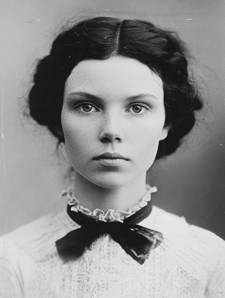Here is a description of the image:

The black and white portrait showcases a young woman with dark, styled hair pulled back from her face. Her hair is neatly arranged in an updo, framing her face.  She has fair skin, visible freckles, and direct eye contact with the camera. Her expression is serious and composed. She wears a light-colored, lacy blouse with a dark bow tied at the collar. The background is blurred, drawing focus to the woman. The image has the quality of an antique photograph, possibly a tintype or similar process, with slight texture and tonal variations.
