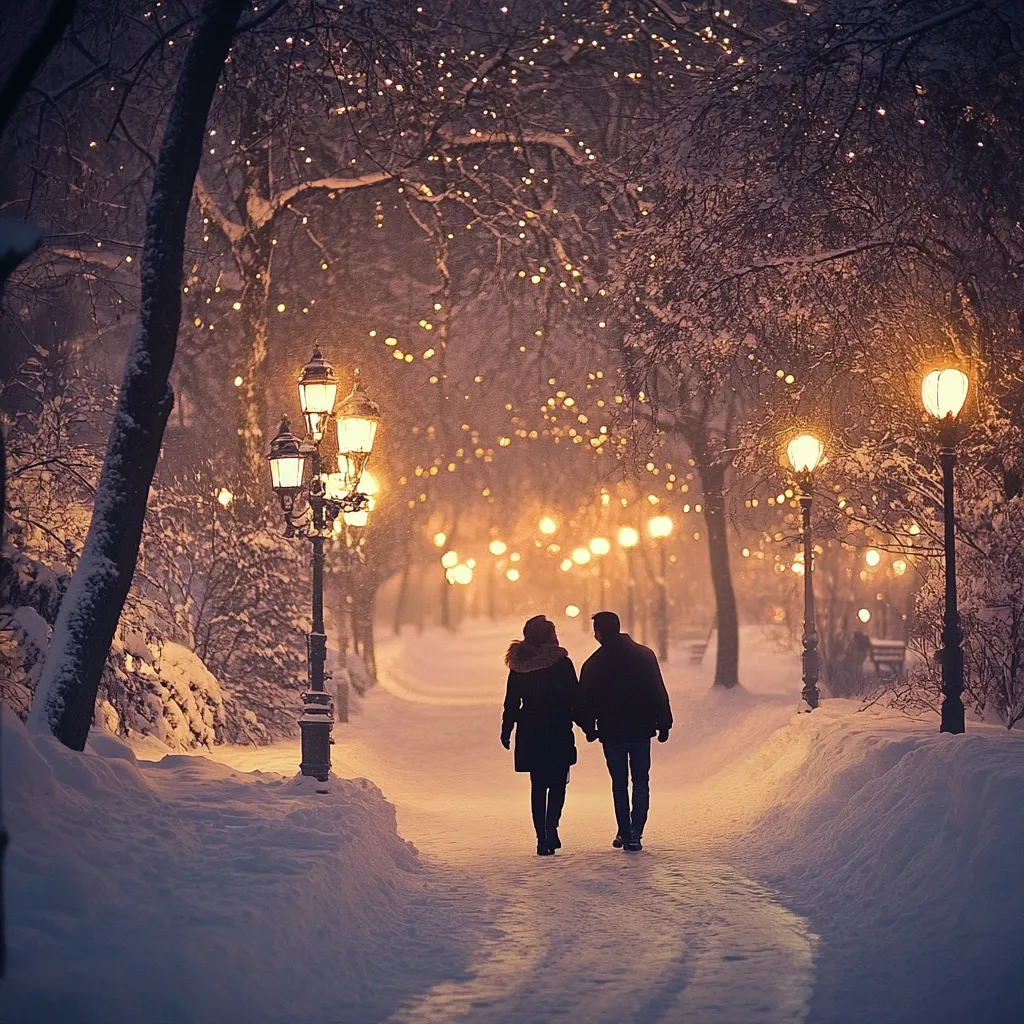 A romantic winter scene unfolds as a couple strolls hand-in-hand down a snow-covered path.  Ornate lampposts illuminate the walkway, their warm glow contrasting against the backdrop of snow-laden trees.  Fairy lights twinkle amidst the branches, creating a magical atmosphere.  The couple's silhouettes are visible against the soft light, their intimacy highlighted by the serene winter setting.  The image evokes feelings of warmth, love, and the enchantment of a snowy night.