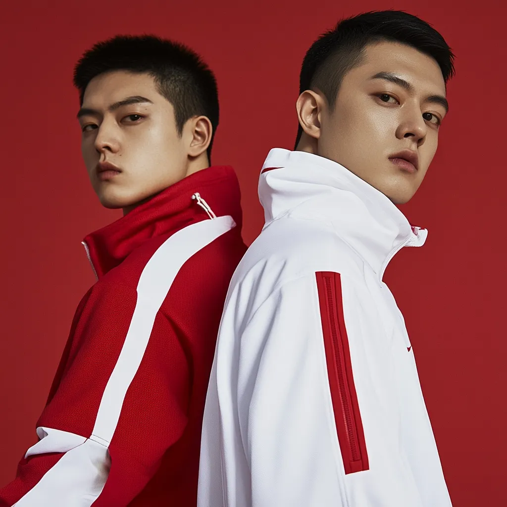 Two young Asian men stand back-to-back against a vibrant red background.  They are modeling athletic wear; one wears a red jacket with white accents, the other a white jacket with red detailing.  Both jackets feature a half-zip closure and contrasting stripes on the sleeves. Their short hairstyles and serious expressions create a stylish and athletic image. The overall aesthetic is clean, modern, and sporty.