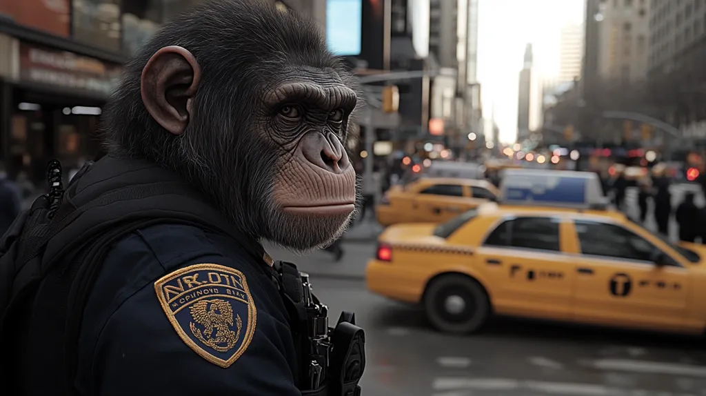 A chimpanzee, seemingly realistic, is depicted in a police uniform. The monkey, wearing a dark jacket with a visible badge, stands on a busy New York City street. Yellow taxis blur in the background, conveying the bustling urban environment. The image's focus is on the chimpanzee, creating a surreal and intriguing contrast between the primate and its human-like surroundings.  The overall mood is one of quiet observation, with the chimp appearing serious and composed.