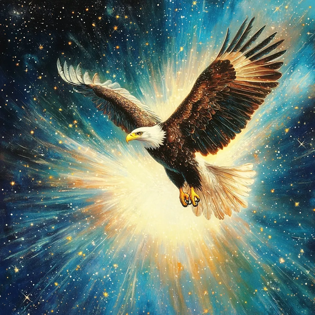 A majestic bald eagle soars through a vibrant cosmic expanse.  Its wings are outstretched, feathers detailed with precision against a backdrop of swirling nebulae and glittering stars.  A brilliant, radiant light bursts forth from behind the eagle, enhancing its powerful presence. The overall effect is one of awe and wonder, suggesting freedom, power, and the vastness of the universe. The painting's style is painterly and expressive, rich in color and texture.