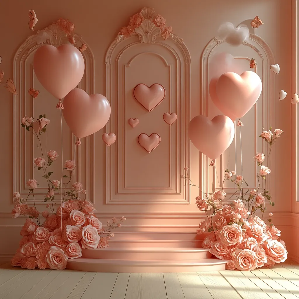 A romantic, blush-pink scene features heart-shaped balloons floating near lush rose arrangements flanking a small, curved staircase.  The backdrop is an ornate, paneled wall adorned with additional heart decorations.  Small butterflies flutter amidst the scene, adding to the whimsical, Valentine's Day or wedding-themed aesthetic.  Soft lighting enhances the overall dreamy ambiance.