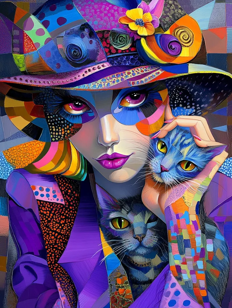 Here's a description of the image:

The painting is a vibrant, stylized portrait of a woman and two cats. The woman wears a large, whimsical hat adorned with multicolored geometric patterns and floral accents.  Her face is similarly rendered in a bold, cubist style with bright, contrasting colors and exaggerated features. She's dressed in a purple jacket, also featuring geometric designs.  She holds two cats, one blue and one dark grey-blue, close to her body, showcasing their striking yellow eyes. The overall aesthetic is highly saturated and playful, employing a collage-like effect of shapes and colors. The background features muted grays and browns, providing contrast to the intense vibrancy of the foreground.