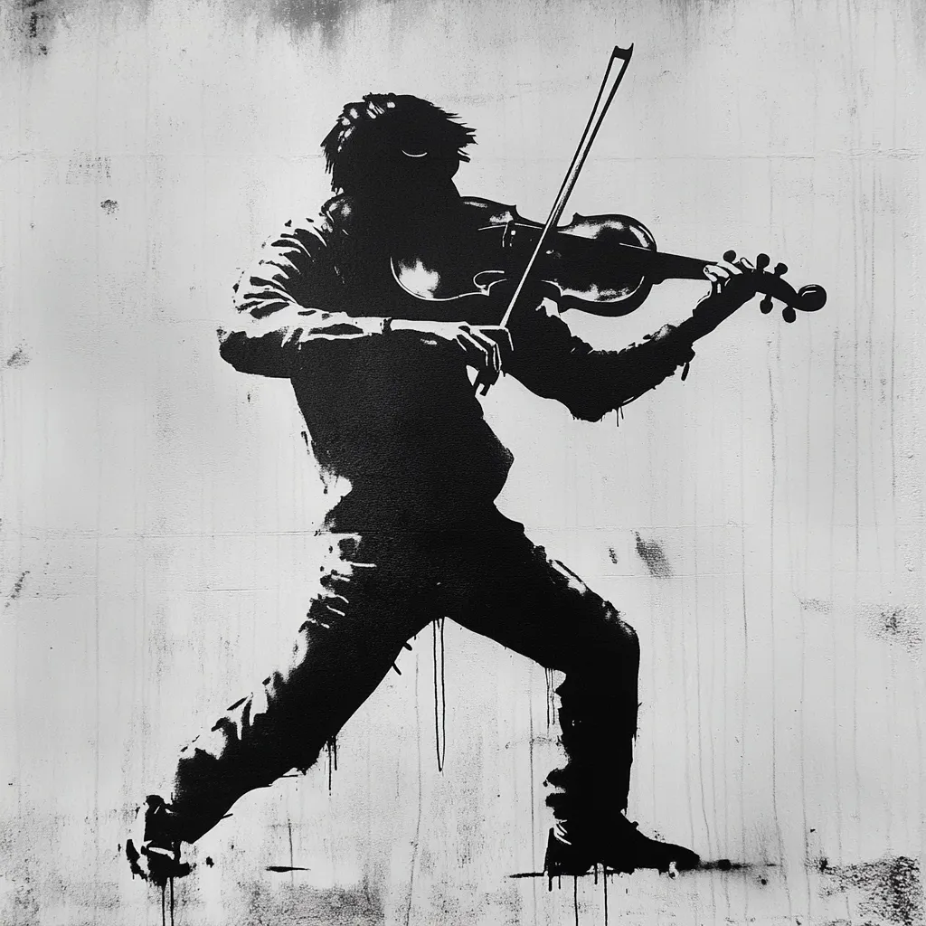 Here's a description of the image:

The image is a black and white stencil artwork depicting a dynamic figure playing a violin.  The figure is rendered in stark silhouette, with a powerful, almost aggressive pose, legs spread wide and body leaning into the instrument. The violin itself is detailed but rendered in a similar graphic style. The background is a textured, light gray, resembling a weathered wall or canvas, contrasting sharply with the bold black of the figure and violin. The style suggests street art or graffiti, with drips of paint enhancing the overall effect of motion and energy.
