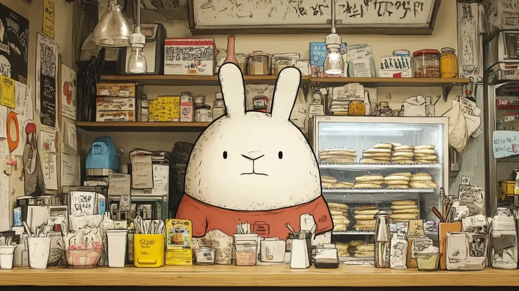 The image is a cartoon drawing of a rabbit behind a counter in a cluttered shop.  The rabbit, large and round with a simple expression, wears a reddish-orange shirt. Behind it are shelves stocked with various items, suggesting a bakery or small convenience store.  The shelves are filled with jars, boxes, and packages. A refrigerated display case holds stacks of pastries or bread. The overall style is reminiscent of a graphic novel or comic book, with a muted color palette and slightly rough lines.  The atmosphere is calm and slightly quirky.