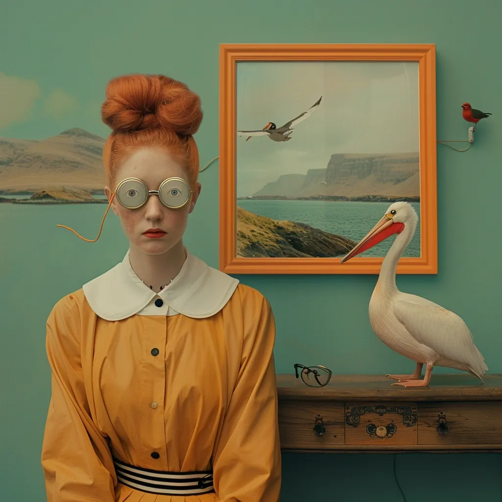 A young woman with vibrant red hair styled in a high bun wears a mustard-yellow dress and unusual eyeglasses with large round lenses connected by a thin wire. She sits calmly before a framed landscape painting depicting a coastal scene with birds in flight. A white pelican rests on a dark wooden console table beside a pair of eyeglasses; a small red bird is perched on a wire above the painting. The overall aesthetic is surreal and dreamlike, with a muted color palette and carefully composed elements creating a whimsical atmosphere.