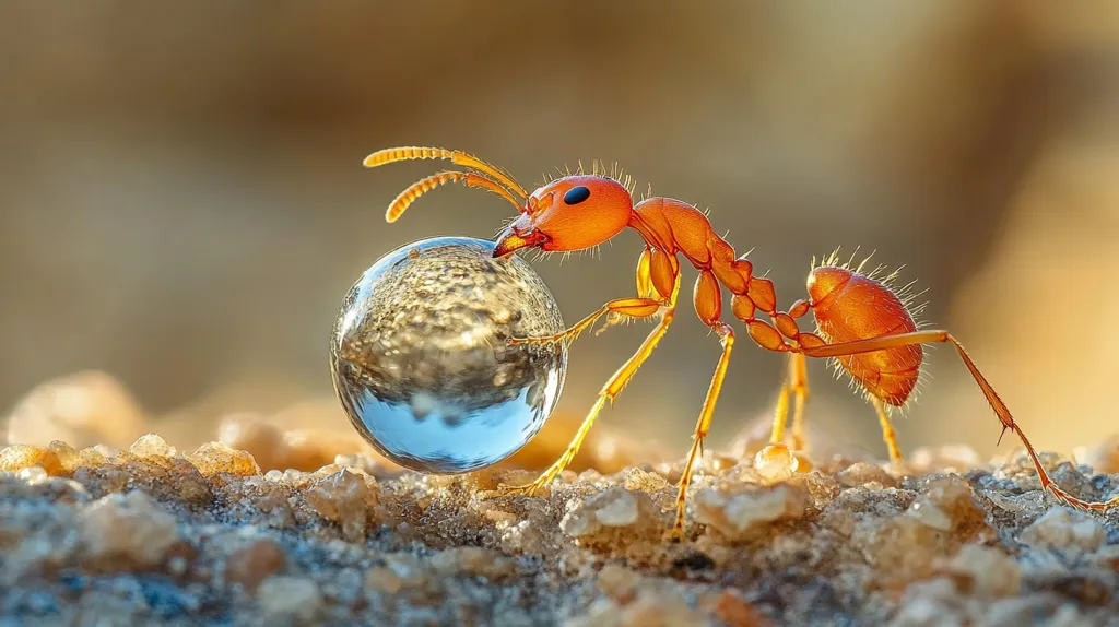A vibrant orange ant, possibly a weaver ant, is the focal point of a close-up shot.  It's positioned on a textured, sandy surface, meticulously holding a large, perfectly spherical water droplet. The droplet acts like a tiny lens, reflecting a distorted image of the surrounding environment. The ant's intricate details and the droplet's reflective qualities are sharply defined, creating a striking contrast against the blurred background. The lighting suggests a warm, sunny setting.