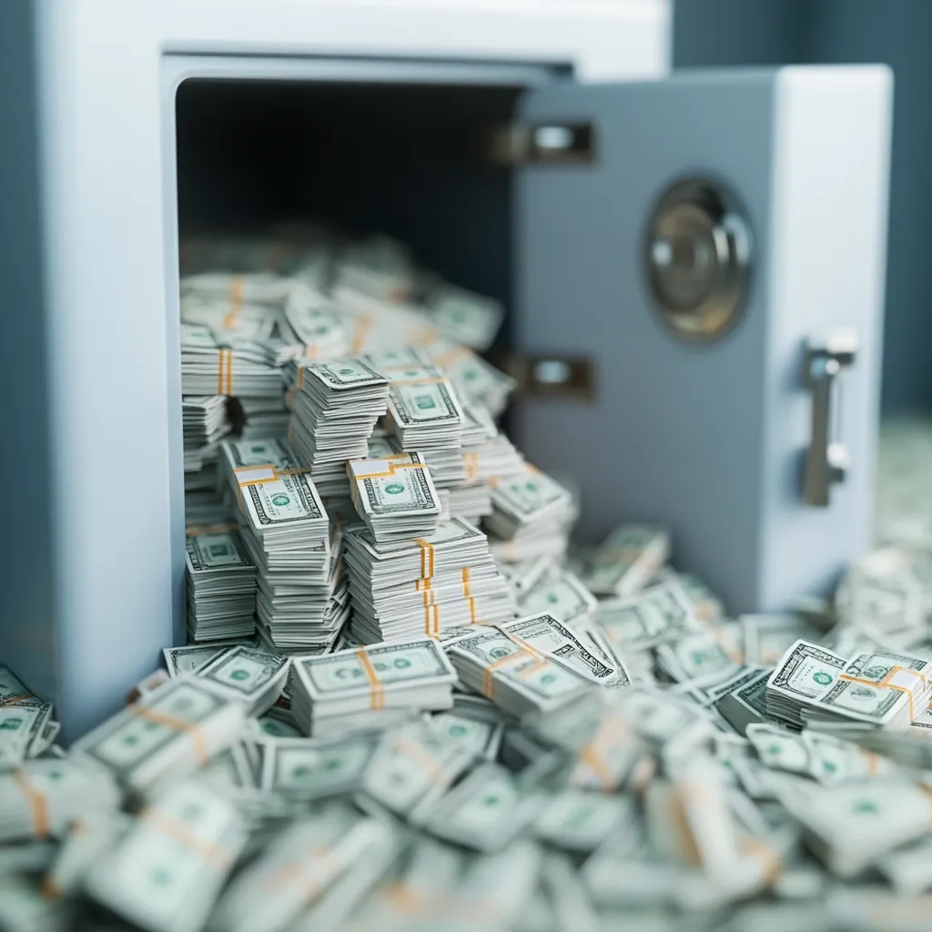 A large, light gray safe is slightly ajar, spilling forth a massive pile of neatly banded stacks of US one hundred dollar bills.  The money overflows from the safe, creating a mound that extends onto the floor. The image suggests wealth, abundance, and perhaps the concept of secure financial assets. The focus is on the sheer volume of cash, emphasizing its visual impact.