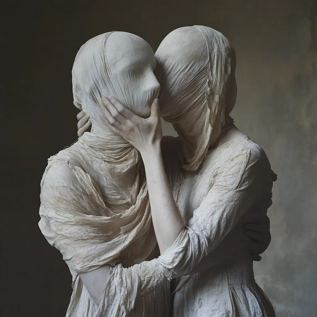 The image shows a striking sculpture of two figures embracing.  Draped in flowing, textured fabric that resembles aged linen or cloth, their faces are completely obscured, creating a sense of mystery and anonymity.  The figures are intertwined, their bodies suggesting intimacy and possibly a shared vulnerability. The monochromatic palette and textured surfaces contribute to the sculpture's ethereal and somewhat melancholic mood.  The overall effect is one of haunting beauty and unspoken emotion.