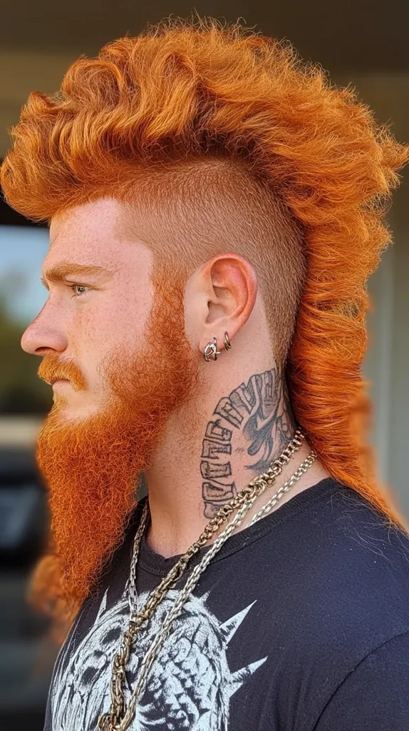 Here's a description of the image:

Close-up profile view of a man with vibrant, curly orange hair styled into a mohawk with longer strands at the back. He has a full, matching ginger beard and a neck tattoo featuring a circular design.  He wears small earrings and several gold and silver chain necklaces.  His black t-shirt features a graphic design. The overall style is bold and edgy. The background is blurred and out of focus.
