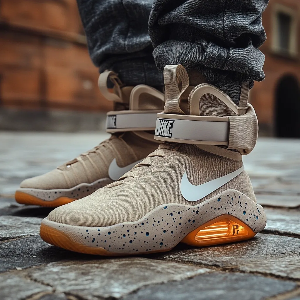 Here's a description of the image:

Close-up view of a person wearing a pair of tan Nike Mag Back to the Future shoes. The shoes are high-top sneakers with a unique strap system and a visible orange light element in the sole.  The shoes have a speckled beige upper with a white Nike swoosh. The person is wearing dark grey jeans, and the background is blurred, showing a cobblestone pavement. The focus is sharply on the shoes, highlighting their details and design. The overall impression is one of stylish, futuristic footwear.