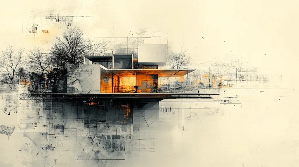 The image is an architectural rendering, possibly a digital painting, showcasing a modern, minimalist house.  The structure is characterized by clean lines and geometric forms, with large glass windows illuminating a warm interior. The house seems to hover slightly above the ground, adding a sense of lightness.  The background is a blend of abstract, textured elements, suggesting a cityscape or urban environment, with bare trees in the foreground, creating a contrast between the building's contemporary design and the natural surroundings. The overall style is a mix of realism and abstraction.