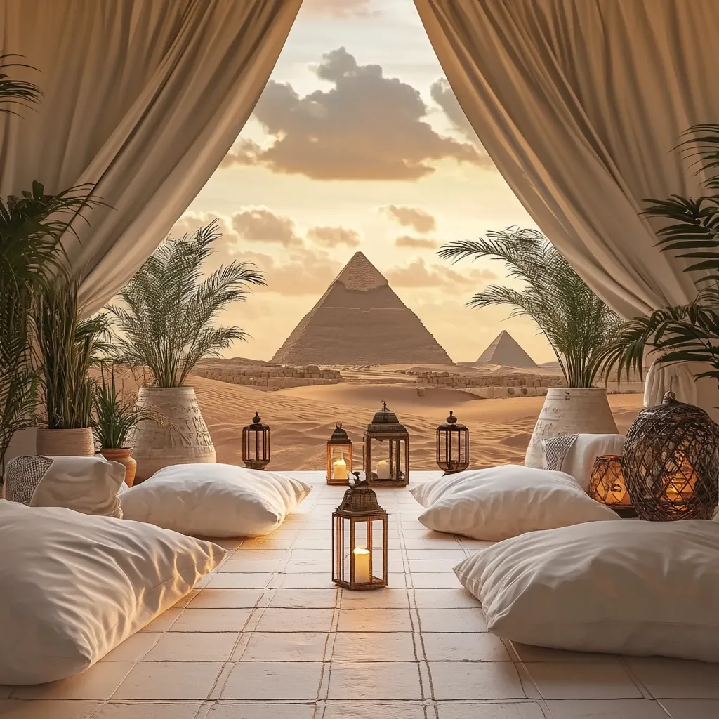 Here's a description of the image:

The image showcases a serene outdoor oasis framed by flowing beige curtains.  The scene is centered on a tiled floor covered with plush white cushions, creating a comfortable seating area.  Several ornate lanterns, some lit with candles, are scattered across the floor, adding to the ambiance.  Palm plants in elegant pots flank the seating, enhancing the tranquil atmosphere. Beyond the curtains, the majestic pyramids of Giza rise in the golden light of a desert sunset, creating a breathtaking backdrop. The overall effect is one of luxurious calm and exotic beauty.