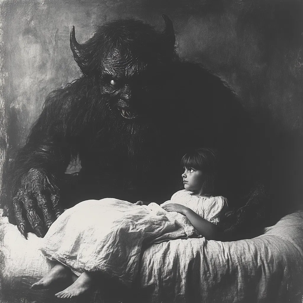 A black and white, dramatic photograph depicts a young girl lying in bed, seemingly asleep or very still.  Looming over her is a large, monstrous figure with horns and a grotesque face, its hand resting near the girl. The dark, shadowy setting and the contrast between the innocent child and the menacing creature create a deeply unsettling and suspenseful atmosphere. The image suggests a narrative of fear, vulnerability, and the presence of something sinister.