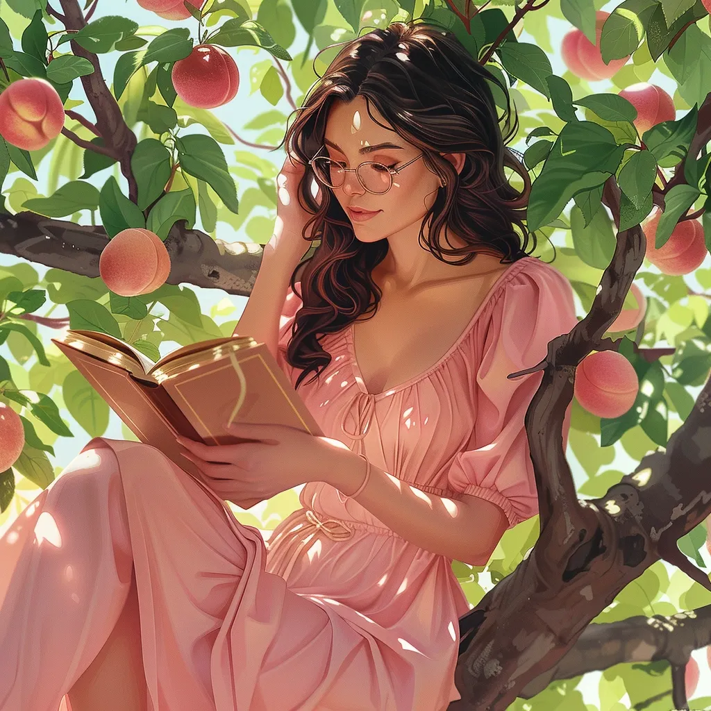 A young woman with long brown hair, wearing glasses and a light pink dress, sits under a peach tree, lost in a book.  Sunlight filters through the leaves, dappling her dress and the surrounding fruit.  The scene is peaceful and idyllic, evoking a sense of summer tranquility and gentle escape. The artwork is in a realistic style with soft, warm lighting and attention to detail.