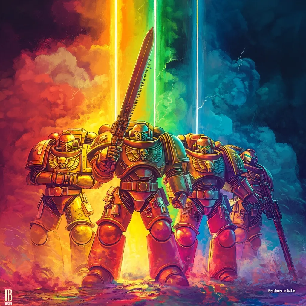 Here's a description of the image:

The artwork depicts three Space Marine warriors, clad in vibrant orange power armor, standing amidst a swirling, colorful nebula.  A central figure wields a large, ornate chainsword.  They are bathed in the light of vibrant vertical streaks of color resembling a rainbow. The style is highly stylized and painterly, with a focus on bold colors and dramatic lighting. The background is a mixture of smoke and cosmic energy, contributing to a sense of action and power. The overall impression is one of heroic strength and otherworldly spectacle.  The phrase "Brothers in Battle" is subtly placed in the bottom right corner.