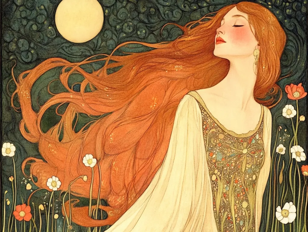 Here's a description of the image:

The artwork depicts a serene woman with long, flowing auburn hair that cascades around her, partially obscuring wildflowers in the foreground. Her eyes are closed, suggesting tranquility or reverie. She's adorned in a pale, cream-colored gown embellished with intricate floral embroidery, adding to the overall romantic and ethereal atmosphere. A full moon hangs in the dark background, speckled with stars and hints of greenery, enhancing the mystical quality of the piece. The style is reminiscent of Art Nouveau, with its flowing lines, nature-inspired motifs, and dreamlike quality.