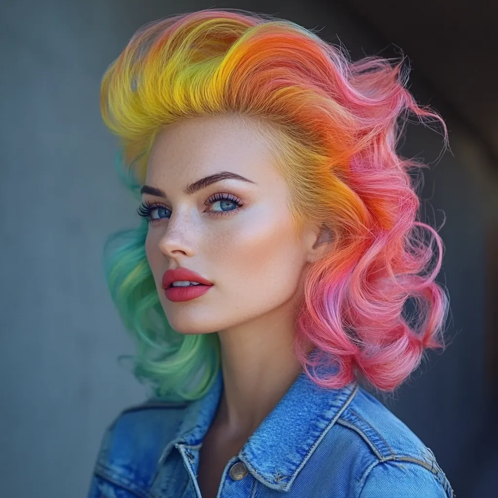 Here's a description of the image:

Close-up portrait of a young woman with vibrantly colored hair.  Her hair is styled in voluminous, wavy curls, transitioning from a teal green on the left, through yellow and orange, to a bright pink on the right.  Her makeup is subtly done, emphasizing her light complexion and blue eyes. She wears a denim jacket, and her expression is a confident, slightly sideways glance. The background is blurred, a neutral gray-toned backdrop focusing all attention on the model and her striking hairstyle. The overall impression is one of trendy, colorful style and bold beauty.