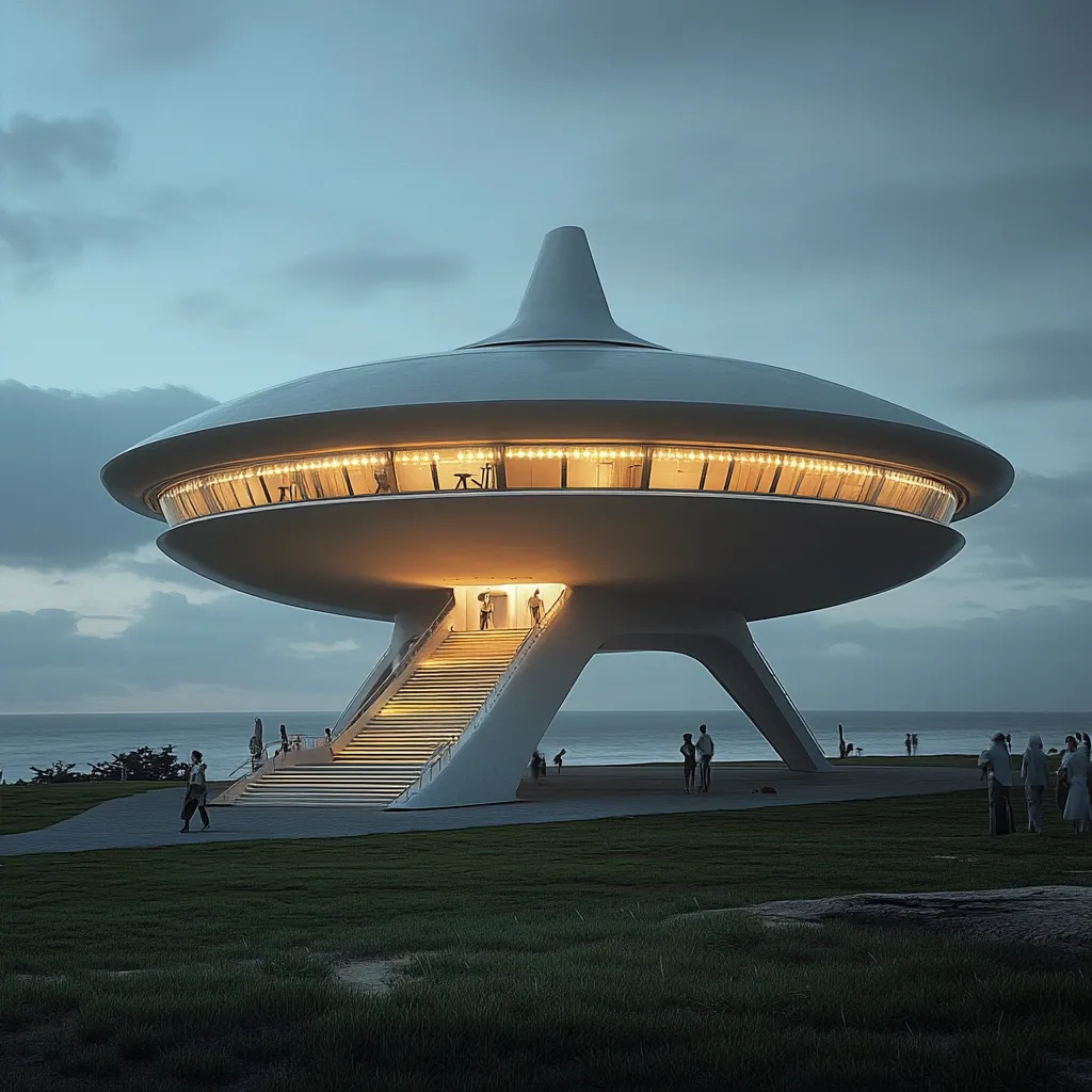 Here is a description of the image:

The image showcases a futuristic, saucer-shaped building perched on a coastal cliff overlooking a calm ocean at twilight. The structure is predominantly white, with a distinctive conical top and a ring of warm interior lighting visible through large windows. A broad staircase descends from the building's entrance, leading to a grassy area where a few figures are sparsely scattered. The overall aesthetic is one of sleek, modern design juxtaposed with a serene, natural setting, evoking a sense of calm and otherworldly beauty.  The sky is a soft blend of blues and grays, further enhancing the tranquil atmosphere.