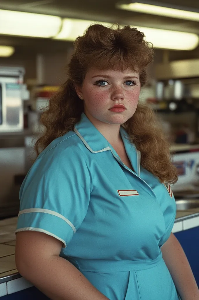 Here's a description of the image:

Close-up portrait of a young woman with shoulder-length, wavy reddish-brown hair styled in a bouffant. She's wearing a light turquoise short-sleeved uniform with white trim, suggestive of a waitress or similar service role.  Her expression is serious and somewhat pensive.  Freckles are visible across her nose and cheeks. The background is blurred, showing a diner or fast-food restaurant setting. The overall feel is one of quiet contemplation and a glimpse into everyday life.