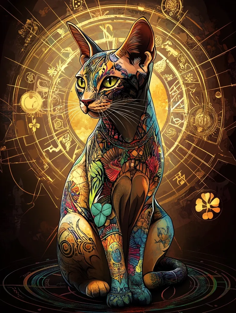 The image showcases a stylized, intricately tattooed cat, possibly an Oriental Shorthair, seated against a backdrop of a golden, ornate circular design reminiscent of a celestial chart or mystical symbol. The cat's tattoos feature vibrant, colorful designs, blending traditional and fantasy elements, with a mix of floral motifs, geometric shapes, and possibly symbolic imagery. The overall aesthetic is rich, dark, and mystical, combining the elegance of the feline with the complexity and symbolism of the background. The artwork seems to be digital, highly detailed, and evocative of fantasy or occult themes.