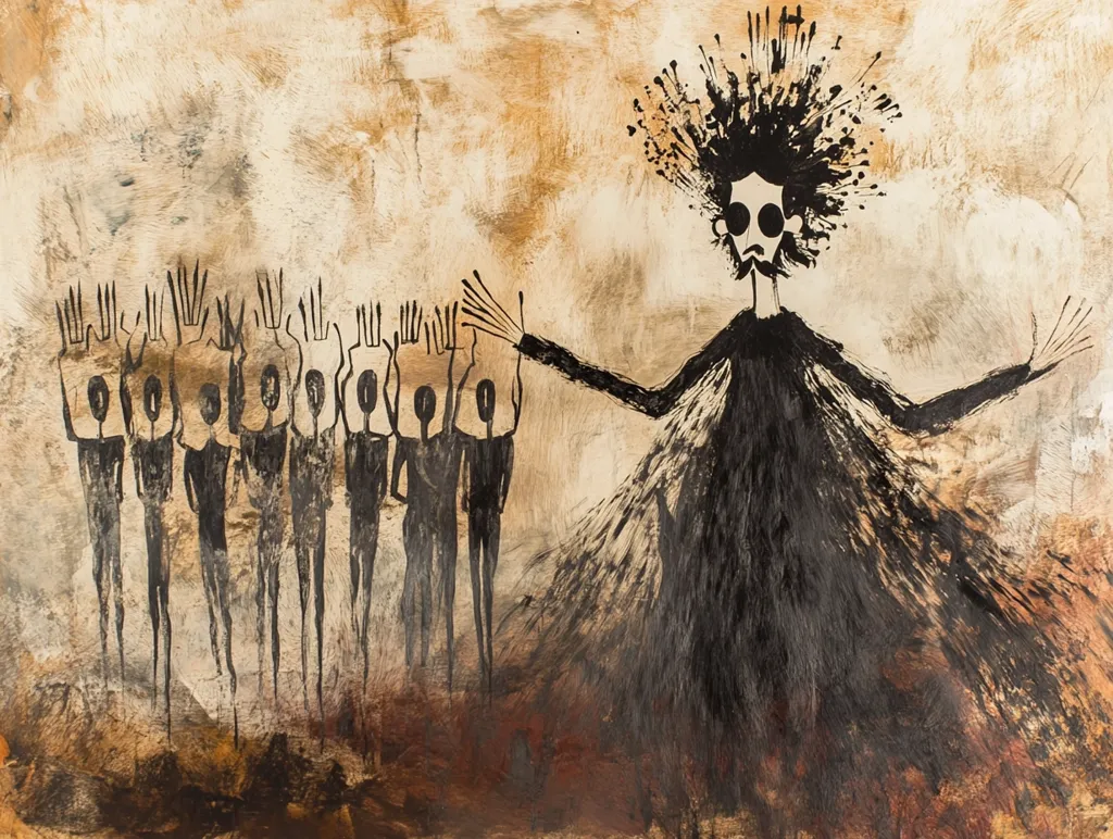 Here's a description of the image:

The artwork is a stylized depiction, possibly referencing ancient cave paintings. A central figure, rendered in expressive black strokes, dominates the piece. This figure has a large, wild hairdo and wears a long, dark robe, their arms outstretched in a gesture of either command or embrace.  Before them stands a row of simpler, more uniformly drawn figures, their arms raised in what could be interpreted as supplication or praise. The background is a textured, earthy palette of beige, browns, and creams. The overall style is primitive yet emotionally charged, suggesting a narrative of power and perhaps worship or obedience.