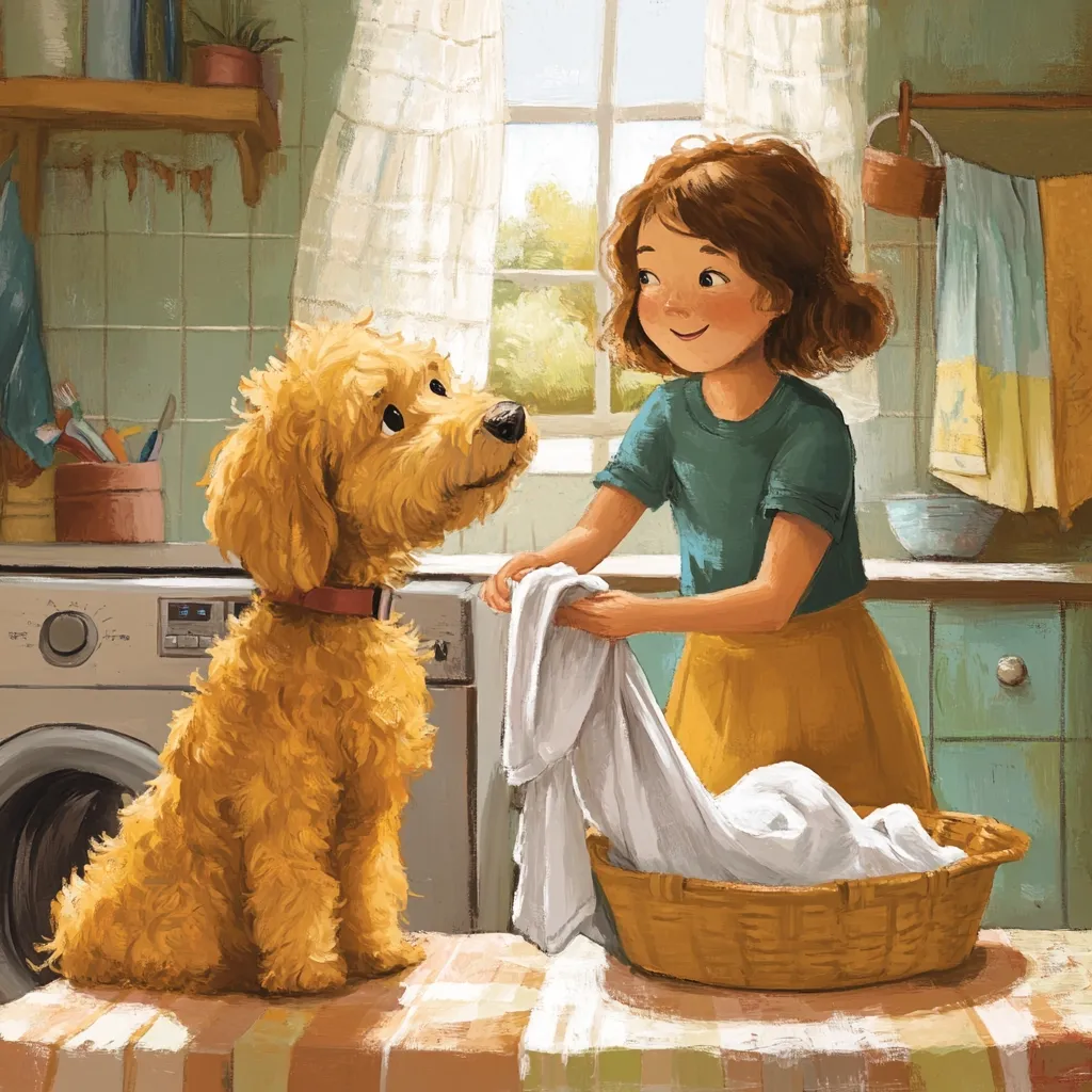 A charming illustration depicts a young girl in a teal shirt and yellow skirt, folding laundry in a wicker basket.  Beside her sits a fluffy, golden doodle dog, patiently watching.  The setting is a bright, vintage-style kitchen with a washing machine visible in the background, sunlight streaming through a window. The overall tone is warm and inviting, suggesting a peaceful domestic scene.
