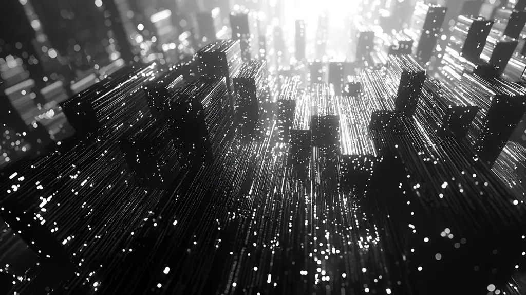 The image is an abstract grayscale rendering of a futuristic cityscape.  Dark, cubic structures, possibly buildings, are arranged densely.  Bright, vertical lines of light, resembling data streams or energy conduits, emanate from a central point, illuminating the scene and creating a sense of depth and movement.  The overall effect is one of technological complexity and dynamic energy, suggesting a hyper-connected digital world.