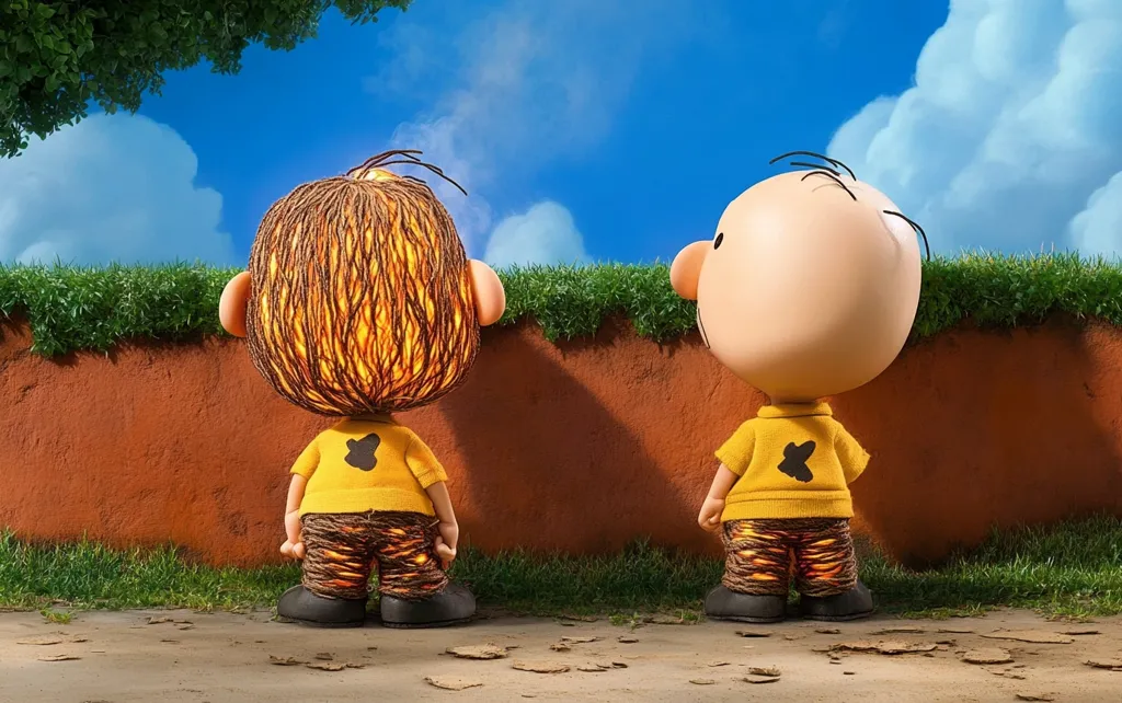 Here's a description of the image:

The image shows two Peanuts characters, Charlie Brown and Linus van Pelt, depicted in a unique, stylized manner. They stand back-to-back before a low, reddish-brown wall, with short green grass on either side. The characters are rendered with a textured, almost woven appearance to their clothing and hair, especially Linus's, which glows with a warm, inner light. They are wearing their signature yellow shirts and are facing away from the viewer, creating a sense of mystery or contemplation. The setting is idyllic with a bright blue sky and fluffy white clouds visible above. The overall tone is whimsical and slightly surreal.
