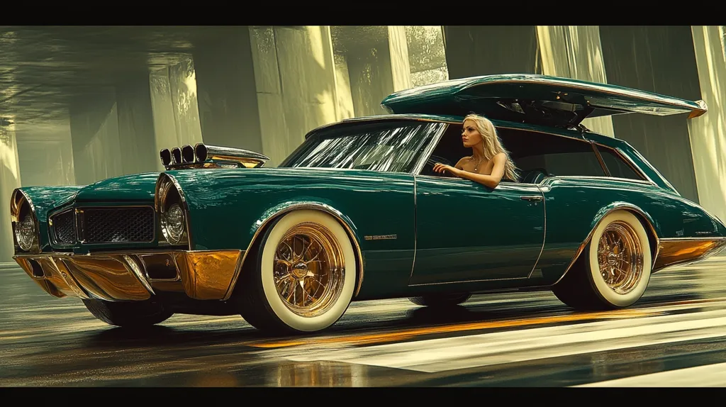 A dark teal, custom-built station wagon, accented with gold trim, speeds along a wet city street.  The car features a modified hood with multiple air intakes and a unique roof rack. A blonde woman, bare from the waist up, sits behind the wheel, her gaze directed forward. The background suggests an urban setting with concrete pillars, creating a dramatic contrast between the sleek vehicle and the industrial backdrop. The image is rendered in a style that blends photorealism with digital art techniques.