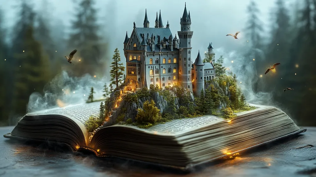 Here's a description of the image:

A fairytale-like image depicts a meticulously detailed miniature castle nestled within a lush, miniature forest, perched atop the open pages of an antique book.  The castle, reminiscent of Neuschwanstein, glows with warm interior lights, enhancing its magical aura.  Small, glowing particles drift around the scene, and several birds are shown in flight.  The book lies open, its aged pages forming a dramatic landscape, creating a surreal and enchanting composition that blends fantasy and reality. The overall mood is mystical and whimsical.