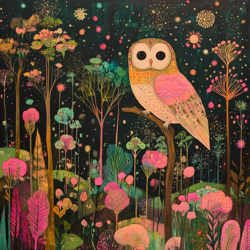 Here's a description of the image:

A whimsical painting depicts a barn owl perched on a branch in an enchanted forest. The owl, rendered with vibrant, almost iridescent pink and gold hues, is the central focus. The background is a dark, starry night sky speckled with gold glitter. The forest features stylized, colorful trees and flowers in pinks, greens, and purples, creating a dreamlike, otherworldly atmosphere. The overall style is fantastical and slightly surreal, with a focus on rich textures and bold color combinations.