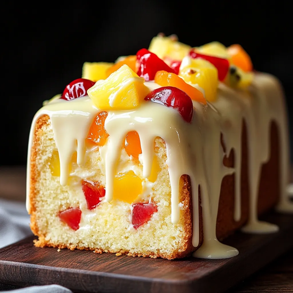 A loaf of moist, light-colored cake is generously topped with a luscious white glaze that drips down the sides.  Bright, colorful chunks of fresh fruit – pineapple, cherries, and other assorted pieces – are visible both on top and embedded within the cake itself. The cake rests on a dark wooden board, creating a visually appealing contrast against the light colors of the dessert.  The overall impression is one of deliciousness and freshness.