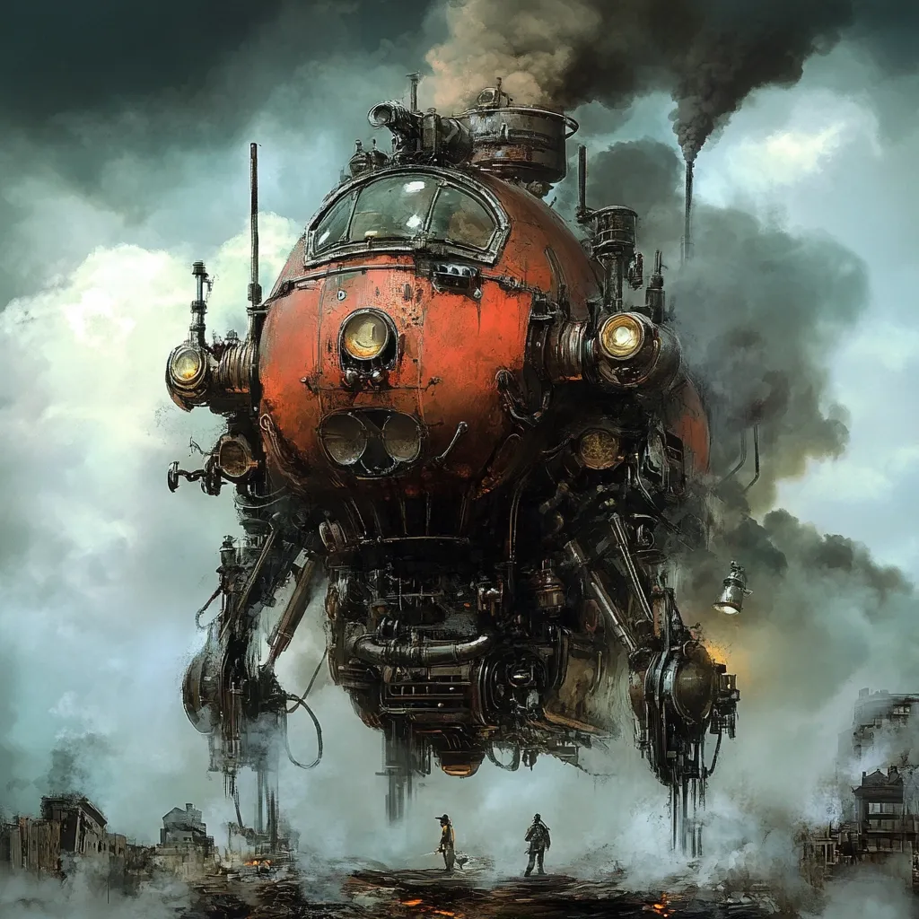 A steampunk-inspired locomotive, predominantly rusty red and dark metal, dominates the scene.  Its spherical body is supported by spindly, mechanical legs, reminiscent of a giant insect.  Smoke billows from its smokestack, obscuring a dilapidated cityscape in the background. Two tiny figures, possibly workers, stand dwarfed by the immense machine, suggesting a post-apocalyptic or industrial setting. The overall atmosphere is dark, gritty, and evocative of a fantastical, alternate reality.