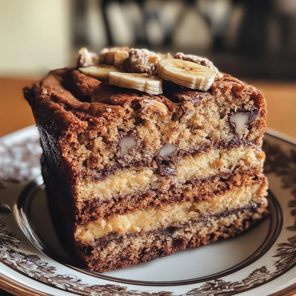 A slice of banana bread, richly layered and studded with chocolate chips and pecans, is presented on an elegant, antique-style plate.  The top is adorned with thin slices of fresh banana.  The bread's moist texture and decadent layers are clearly visible, suggesting a delicious and intensely flavorful treat. The overall presentation is warm and inviting.