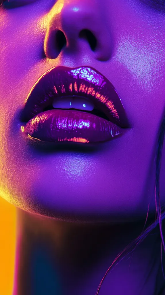 Here is a description of the image:

Close-up view of a woman's face, illuminated by vibrant purple and orange lighting. The focus is on her full lips, which are painted a deep, glossy red-purple shade.  Her skin appears smooth, with the lighting accentuating its texture.  The overall effect is a dramatic, almost surreal, portrayal of beauty, with the contrasting colors creating a striking visual impact.  A hint of dark hair is visible at the bottom right corner.