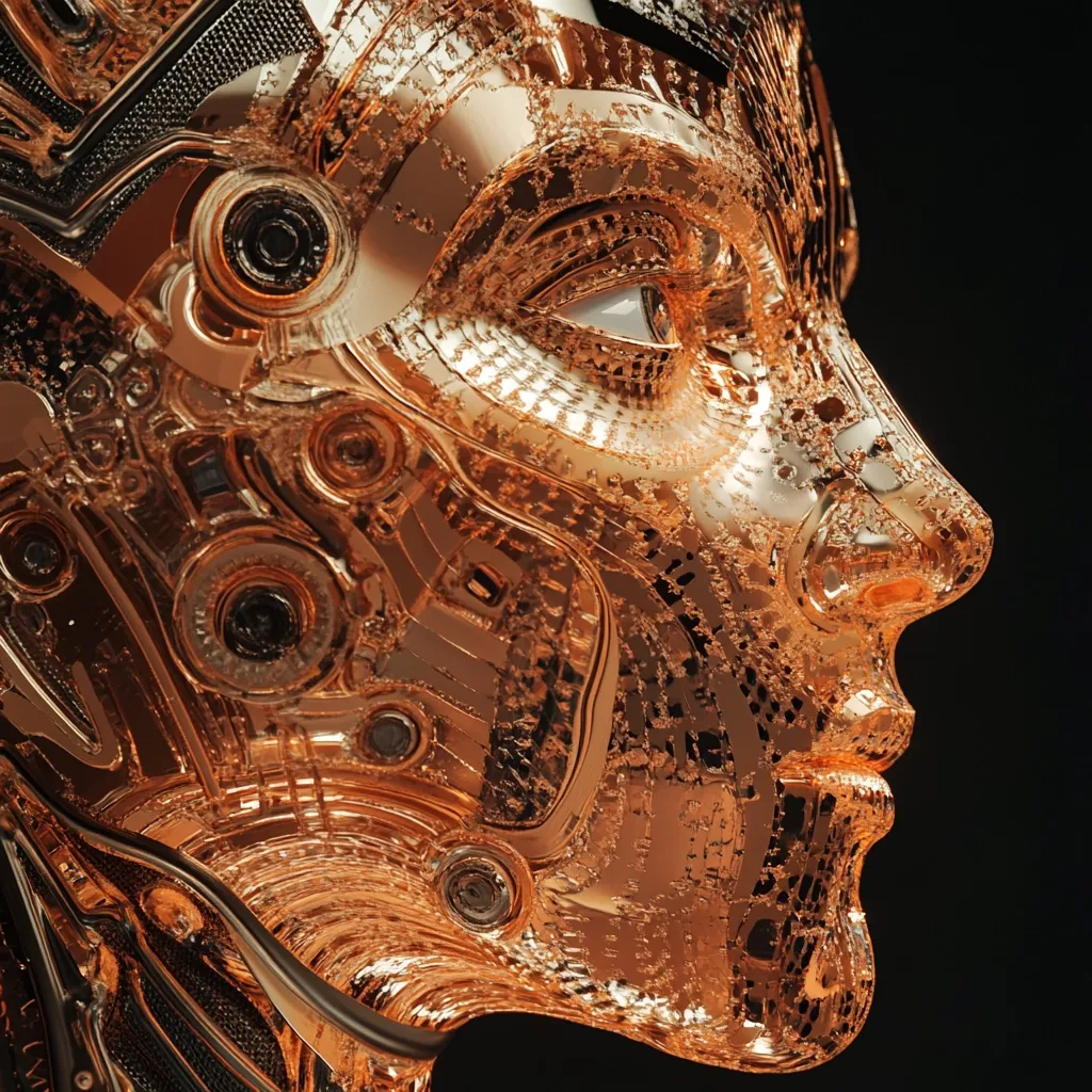Close-up profile view of a robotic head, seemingly female, crafted from a polished copper-toned metallic material.  The surface displays a complex network of intricate circuitry and mechanical components, partially visible beneath a textured, almost fragmented, metallic skin. The eye is subtly detailed, giving a hint of human-like features within the robotic design. The overall aesthetic is one of advanced technology and a blend of organic and inorganic forms.  The black background emphasizes the metallic sheen.