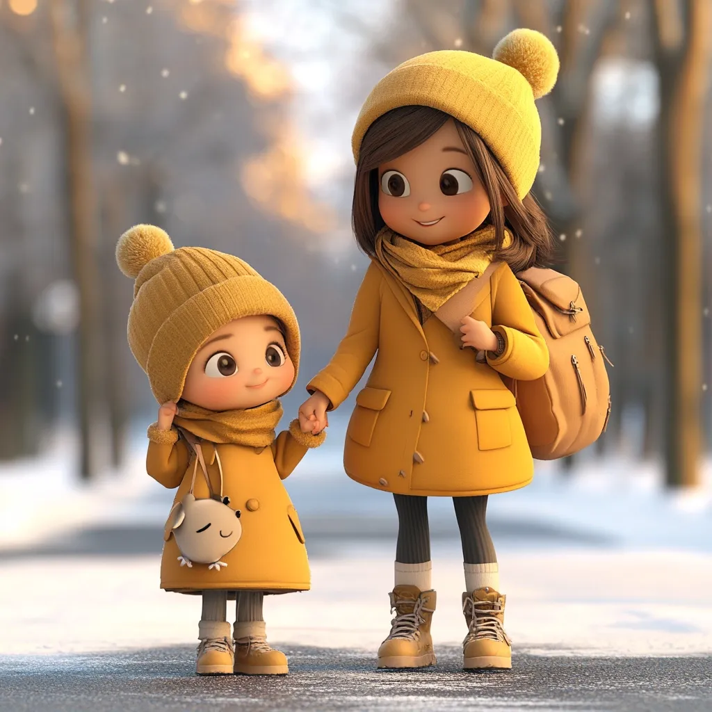 Two adorable, 3D-rendered girls, dressed in matching mustard-yellow winter coats, hats, and scarves, hold hands.  The older girl carries a tan backpack.  They are walking on a snowy path, with a softly blurred background suggesting a winter wonderland.  The smaller girl carries a small, plush animal purse.  The overall tone is warm and inviting, depicting a sweet sisterly bond.