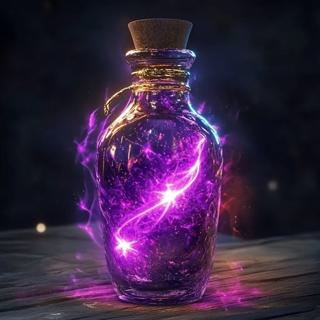 A glass bottle with a cork stopper sits on a dark wooden surface.  Inside, vibrant purple and pink energy pulses and crackles, forming a swirling, luminous line. The bottle is slightly curved and has a gold wire around its neck.  The scene is dark and moody, with the glowing energy within the bottle as the central focus, evoking a sense of magic or fantasy.